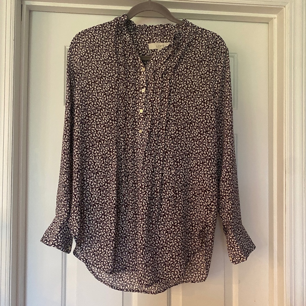 Loft XS Plum Long Sleeved Blouse with Flower Detail